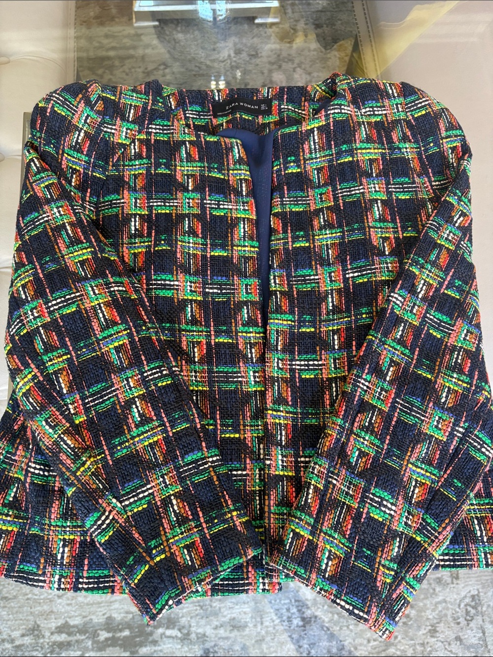 Zara Navy Tweed Collarless Jacket with Multi-Color Plaid